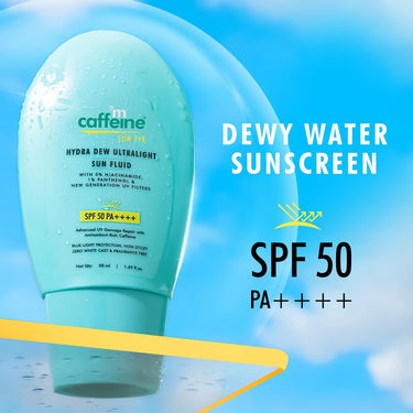 mCaffeine Hydra Dew Ultralight Sun Fluid SPF50 PA++++ UVA/UVB Blue Light Protection|Water Like Glow Texture|Lightweight, Non-Sticky, Quick Absorbing|No White Cast|All Skin Types|For Men/Women - 50ml